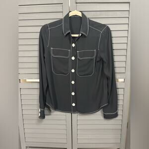 Express Black Button Down with White Topstitch Accents, Oversized Buttons XS